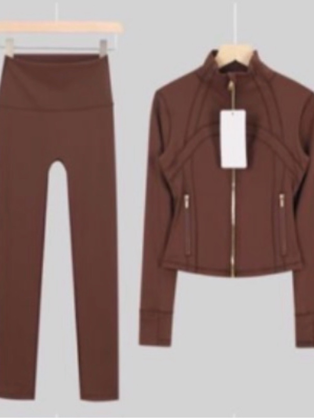 Yoga Brown High-Waist Leggings with Zip-Front Jacket Set - Picture 4 of 6